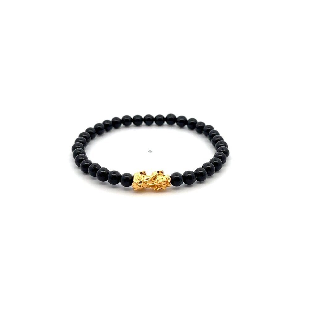 18K Gold Pixiu Piyao Bracelet Gemstone Mini Beads Black Tourmaline 4mm